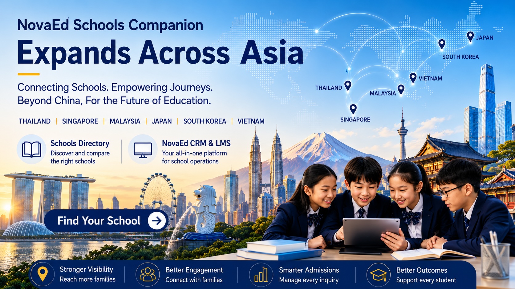 Abstract digital map of Asia showing connected school communities, admissions pathways, and education technology networks without logos or branding.