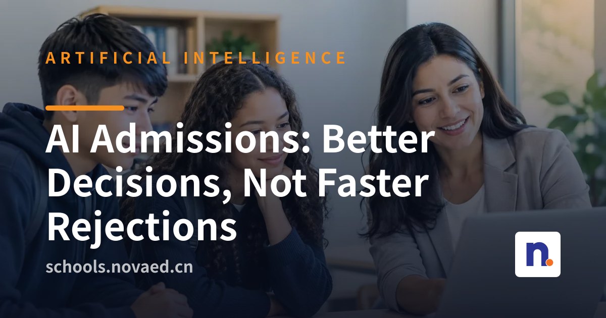 NovaEd - A diverse group of school staff collaborating around a digital dashboard showing integrated admissions data, with AI-assisted summaries and real-time status indicators