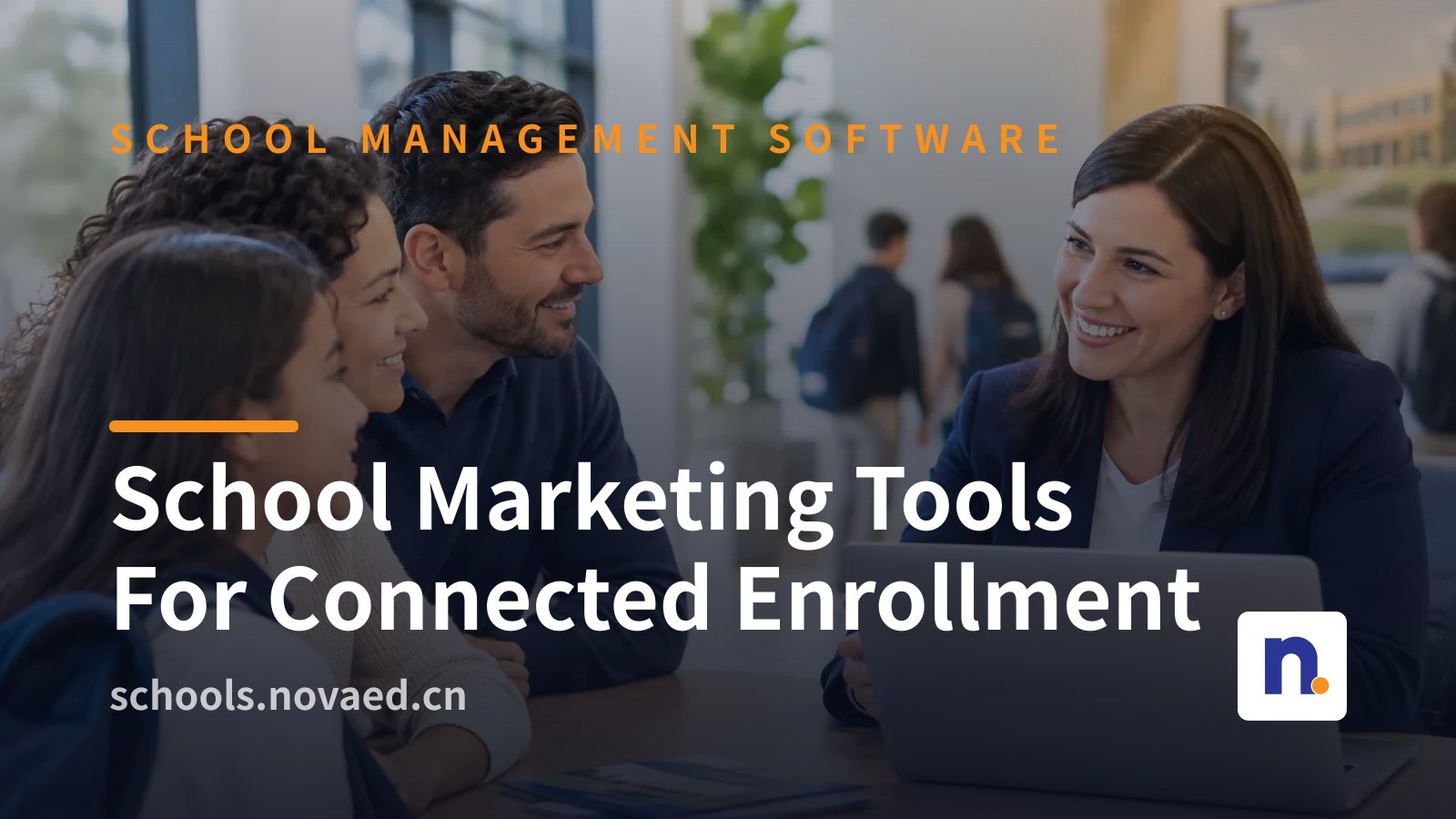 NovaEd - A diverse group of educators collaborating around a digital dashboard showing enrollment pipeline metrics, campaign sources, and family journey stages.