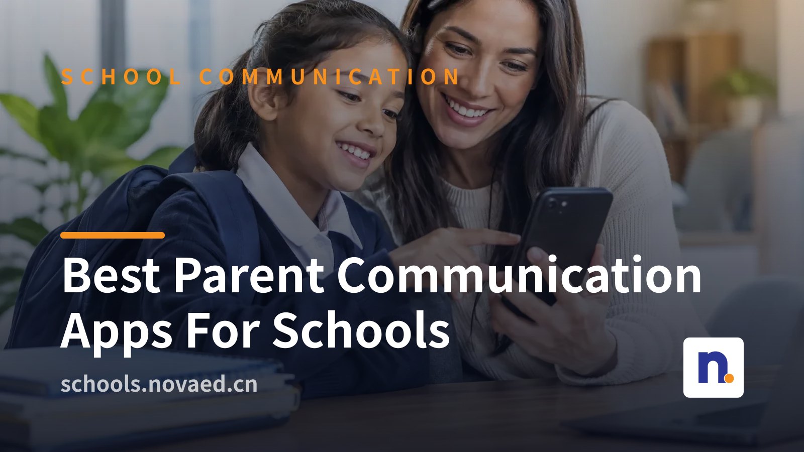 NovaEd - A diverse group of international school families receiving synchronized, multilingual school updates on smartphones and tablets, with icons representing messaging, calendar, documents, and payments.