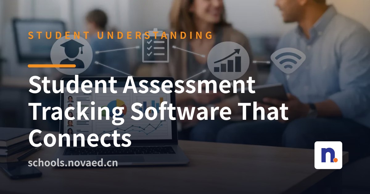 NovaEd - A diverse group of international school staff collaborating around a digital dashboard showing student assessment timelines, connected icons for admissions, teaching, and support functions.