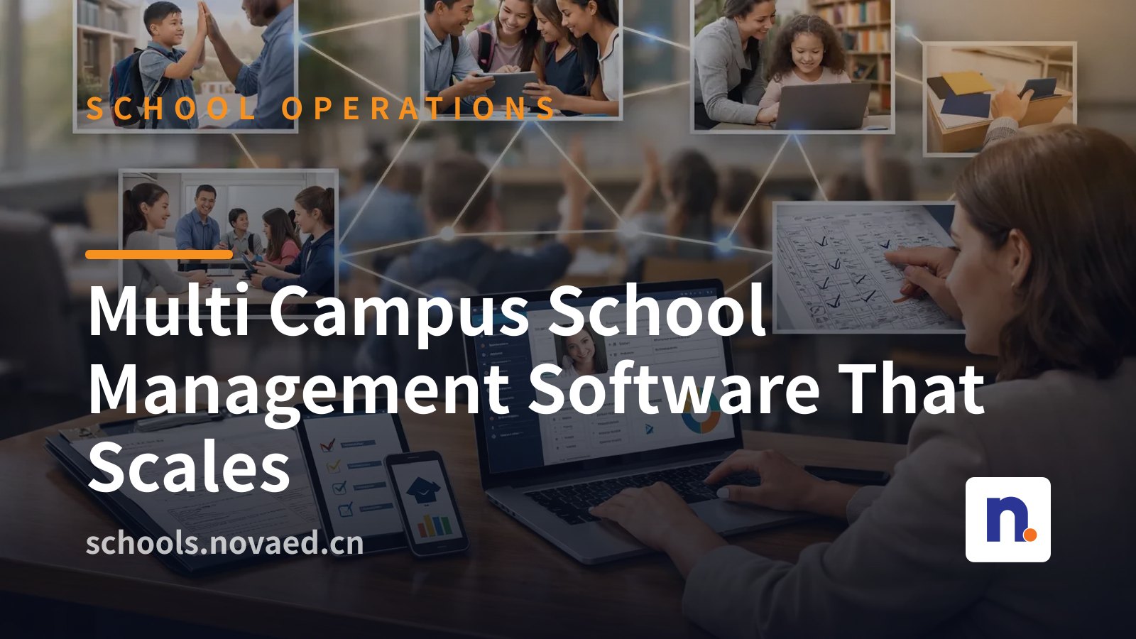 NovaEd - Modern dashboard showing synchronized student records across multiple school campuses, with bilingual interface elements and permission-controlled views for admissions, finance, and leadership teams.