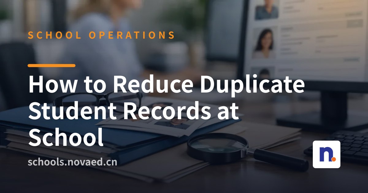 NovaEd - A clean digital dashboard showing a single student profile linked to family members, assessments, invoices, and enrollment status across departments