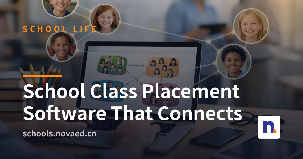 NovaEd - A diverse group of international school students entering a modern campus building, with digital interface elements overlaying the scene—icons representing class assignment, language support, billing, and family communication.