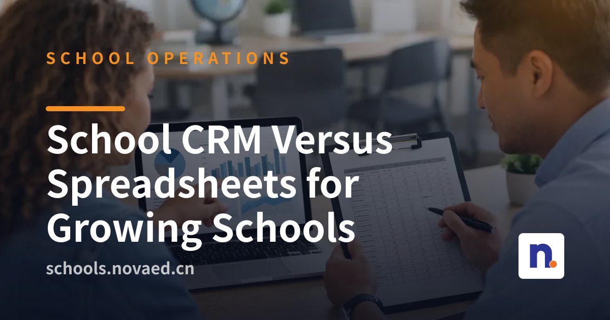 NovaEd - Side-by-side comparison: a cluttered desktop with multiple overlapping spreadsheet windows versus a clean, unified dashboard view of student and family records in a school CRM interface.