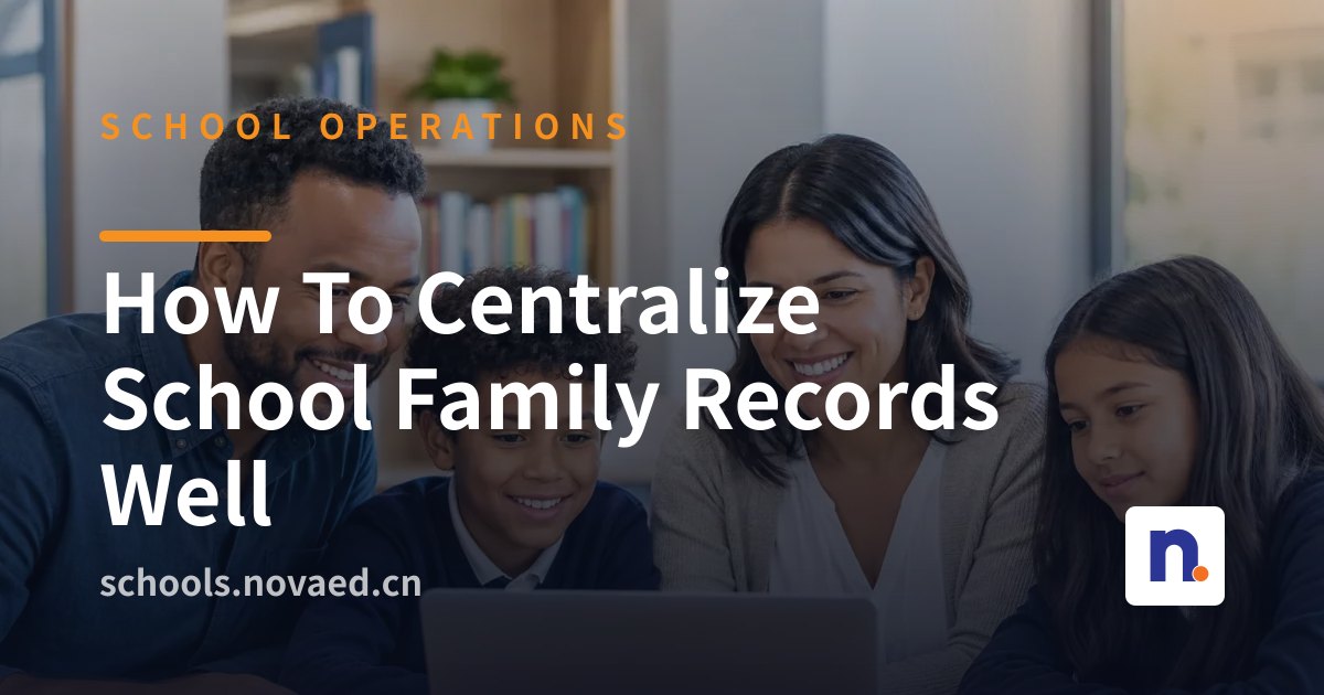 NovaEd - A clean, modern dashboard interface showing interconnected family profiles, student relationships, contact details, and permission-controlled access layers for different school teams.