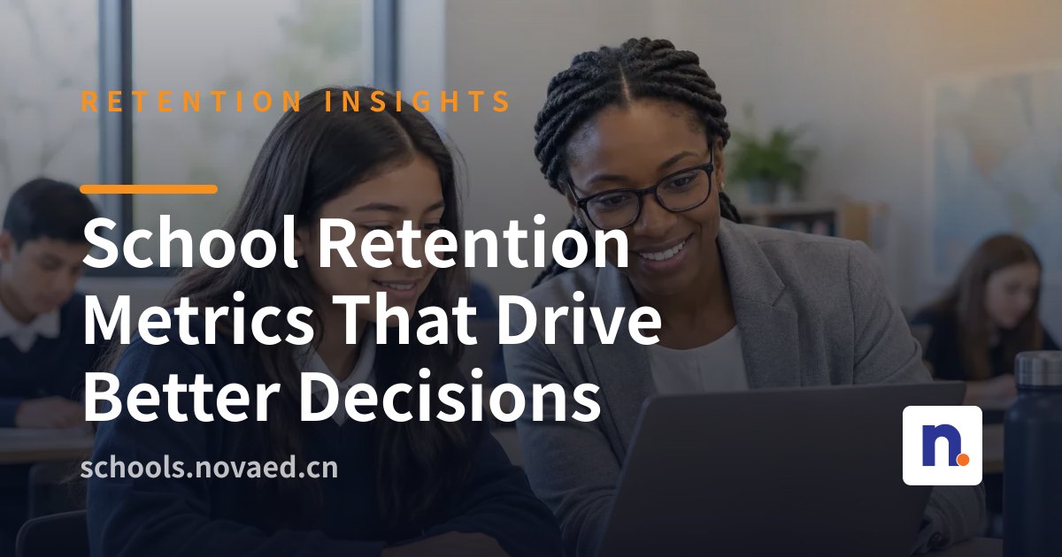 NovaEd - A diverse group of international school students and families collaborating with educators around a digital dashboard showing retention metrics, timelines, and segmented enrollment data.